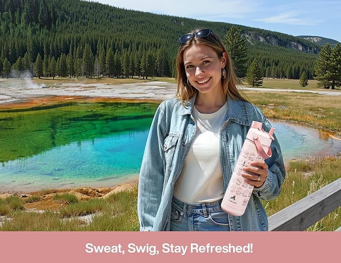 26 oz National Parks Water Bottle with Waterproof Stickers: 2-in-1 Straw Spout Lid, Keep Cold 24H, Leakproof, Car CupHolder Friendly, Insulated Stainless Steel Cup for Travel, Sports, School (Pink)-StrideForce Fitness