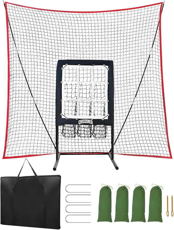9 Hole Pitching Net, Heavy-Duty Baseball Net with Strike Zone for Pitching and Hitting, Height Adjustable Training Equipment with 9 Pocket Pitching Target for Baseball & Softball Practice-StrideForce Fitness
