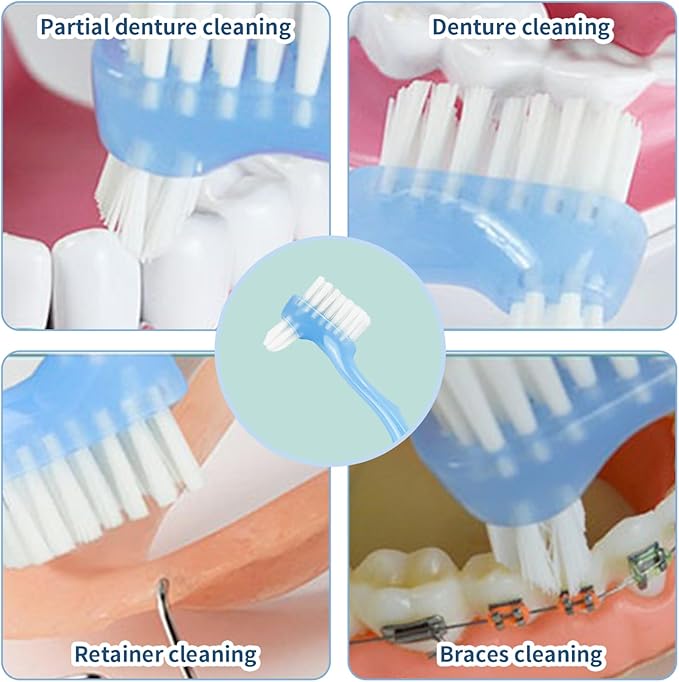 Denture Toothbrush, 4Pcs Denture Brush, Dual Head Toothbrush with Hard Bristles, Comfortable Handle for Elderly, Easy to Use Hard Hygienic Bristle for Care Cleaner