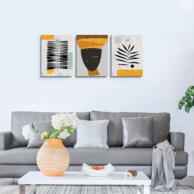 Framed Canvas Wall Art African Ethno Motive Wall Art Set, Abstract Ethno Art, African American Woman Portrait, Black Orange Print, Contemporary Collage, Minimalist (A-3pcs,12x16inchx3pcs)-StrideForce Fitness