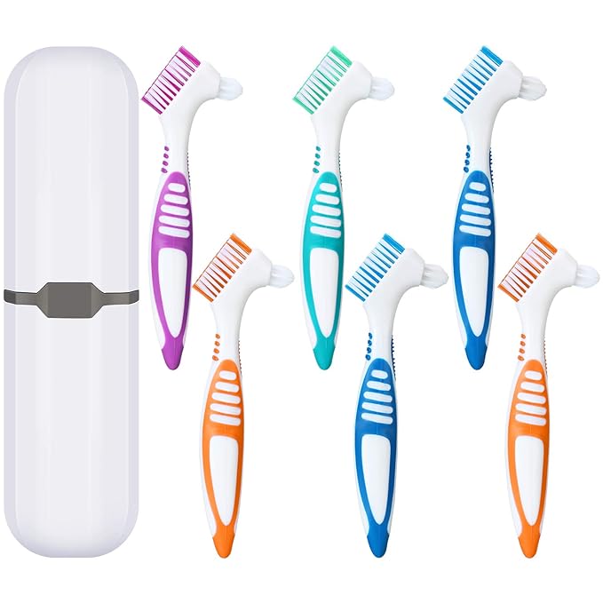 WILLBOND 6 Pieces Denture Brushes Retainer Brush Cleaning Hard Denture Toothbrush with White Carrying Case for False Teeth Cleaning(Green, Purple, Blue and Orange)