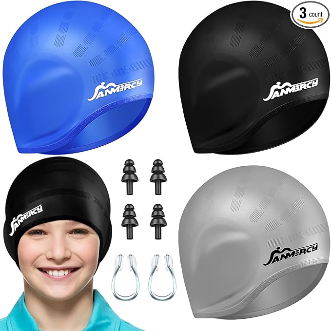 Janmercy 3 Pcs Swim Caps for Boys Girls Silicone Swimming Hat with 3D Ear Pockets for Age 6-15 Bath Hats Short/Long Hair with Ear Plug Nose Clip Supplies-StrideForce Fitness