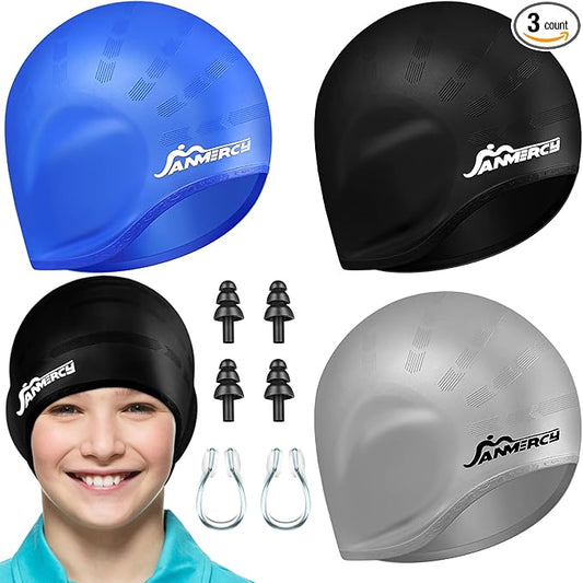 Janmercy 3 Pcs Swim Caps for Boys Girls Silicone Swimming Hat with 3D Ear Pockets for Age 6-15 Bath Hats Short/Long Hair with Ear Plug Nose Clip Supplies-StrideForce Fitness