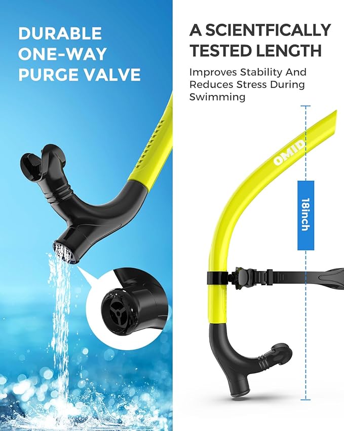 OMID SN1 Snorkel for Adult Youth, Diving Snorkel with One-Way Purge Valve, Food-Grade Silicone Mouthpiece-StrideForce Fitness