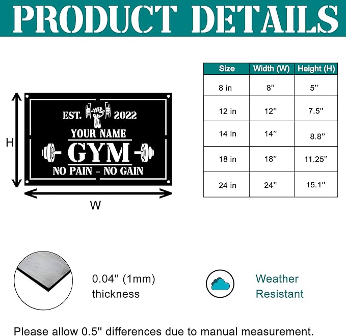 Personalized Home Gym LED Tin Metal Sign Multiple Sizes, Gym Sign Wall Decor, Exercise Workout Room Decor Fitness Center, Motivational Inspirational Hanging Wall Art Wall Plaque (01 w/o lights)-StrideForce Fitness