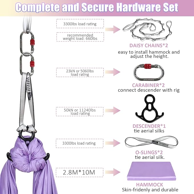 Aerial Silks Kit & Aerial Yoga Hammock - 11Yd Premium Fabric Hardware - Easy Setup for Flying Yoga, Aerial Swing & Fitness - Supports Up to 14ft Rigging-StrideForce Fitness