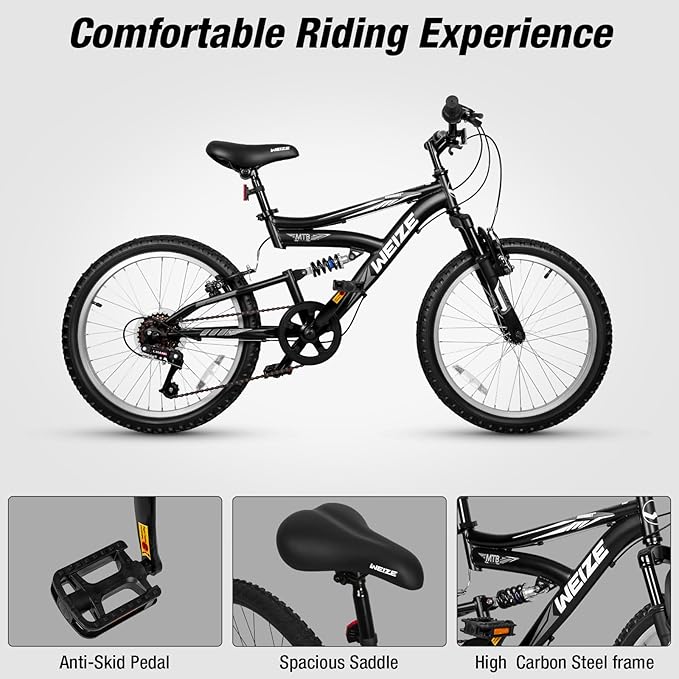 WEIZE Kids Mountain Bike, 20 inch Kids' Bicycles for 6-11 Years Old Boys Girls with Dual Full Suspension, 6 Speeds Drivetrain, High-Carbon Steel Frame, Ideal for Young Riders and Adventurers-StrideForce Fitness