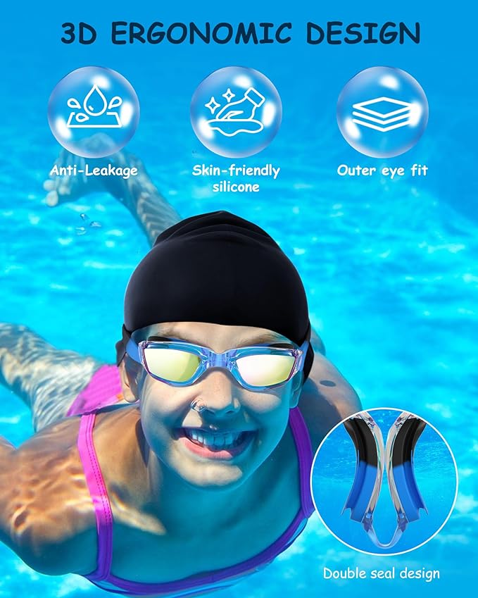 Kids Swim Goggles, Swimming Goggles for Kids Toddlers 3-14 with Swim Cap, Nose Clip, Nose Bridge, Ear Plugs-StrideForce Fitness