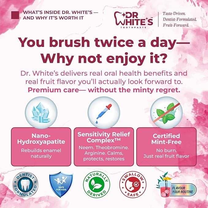 Dr. White’s Fluoride-Free nHA Toothpaste 2-Pack; Dentist-Formulated, Nano Hydroxyapatite + Xylitol, Sensitivity Relief Complex™, Mint-Free, Enamel Safe, Swallow-Safe (3.5 Oz, Guava Glow)