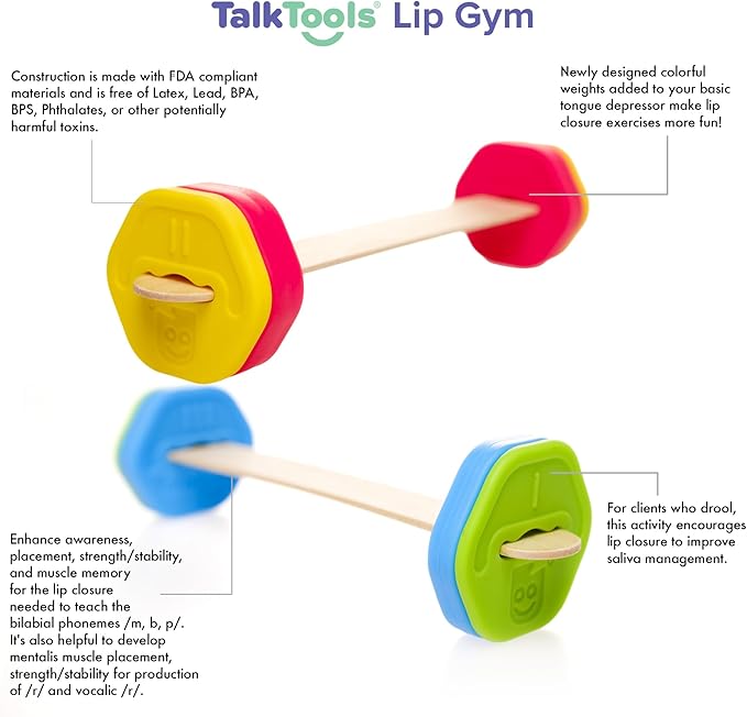 TalkTools Lip Gym with 100 Tongue Depressors - Fun Lip Fitness Program - Teaches/m, b, p/, Assists with/r/Production - Quick Reference Chart - Fits Standard ⅝” Tongue Depressors - No Harmful Toxins