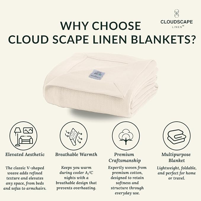 Cloud Scape Linen Herringbone Cotton Throw Blanket for Couch, Bed,Sofa, Home Decor, Soft, Lightweight, All-Season Bed Blanket, 50 x 70, Ivory-StrideForce Fitness
