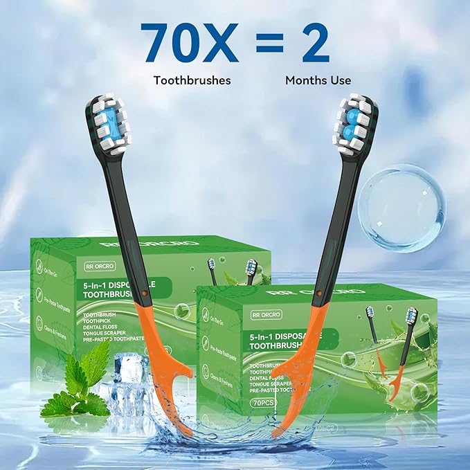 70Pack Disposable Toothbrushes with Toothpaste All-in-One Oral Care Prepasted Individually Wrapped 5-in-1 Mini Toothbrush with Toothpick, Flosser, Tongue Cleaner, Perfect for Travel & On-The-Go