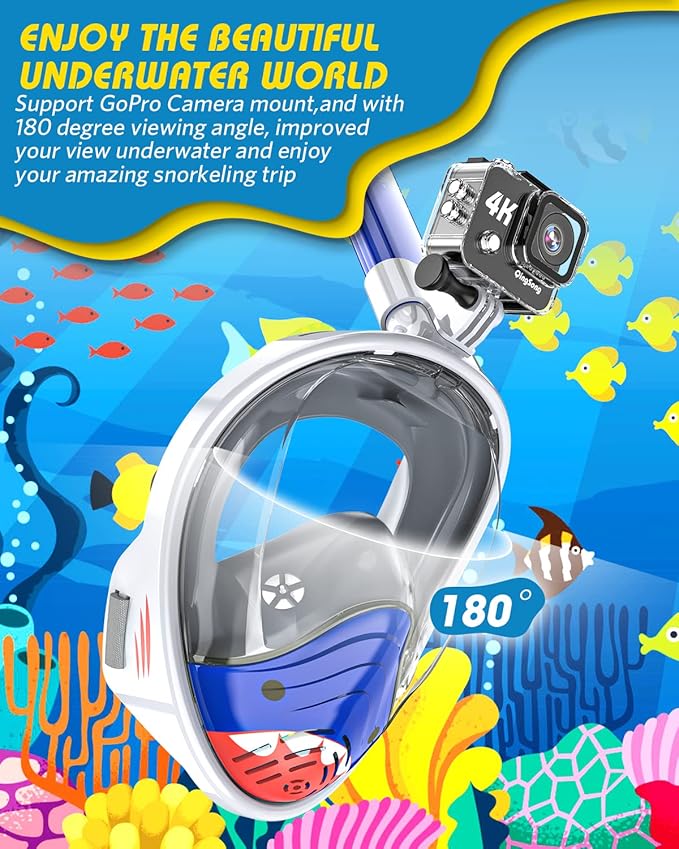 QingSong Kids Snorkel Mask Full Face, Snorkeling Set with Camera Mount, Foldable 180 Degree Panoramic View Snorkeling Gear Anti-Fog Anti-Leak-StrideForce Fitness
