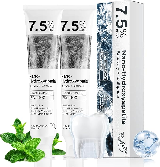 7.5% Nano Hydroxyapatite Toothpaste Helps Remineralize, Protects Enamel, Dentist-Formulated Whitening Toothpaste for Sensitive Teeth, Natural Peppermint, Fluoride-Free (2Pack, Natural Peppermint)