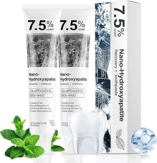 7.5% Nano Hydroxyapatite Toothpaste Helps Remineralize, Protects Enamel, Dentist-Formulated Whitening Toothpaste for Sensitive Teeth, Natural Peppermint, Fluoride-Free (2Pack, Natural Peppermint)