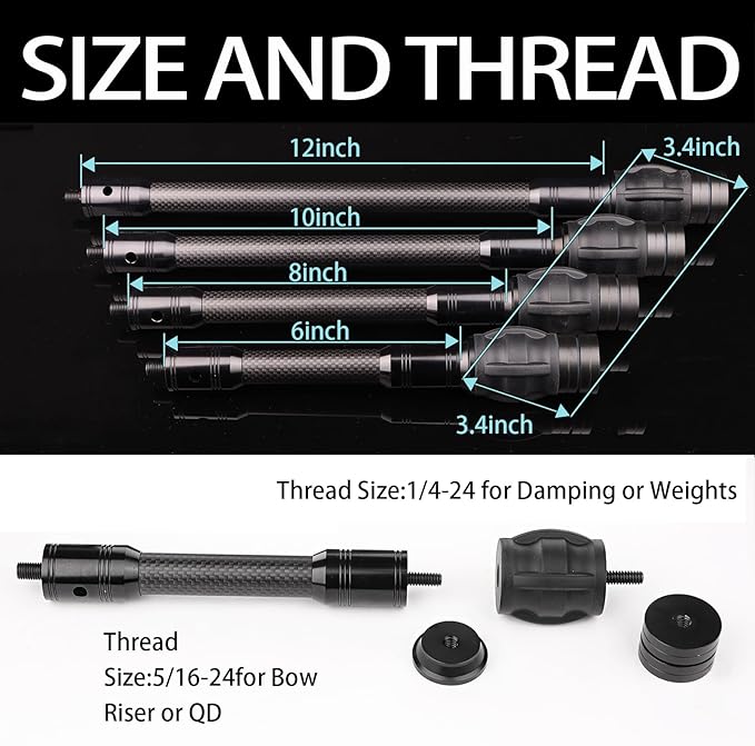 Archery Bow Stabilizer for Compound Bow, Carbon Fiber Bow Balance Bar, Damping System and Weights Kit, 6/8/10/12/in-StrideForce Fitness