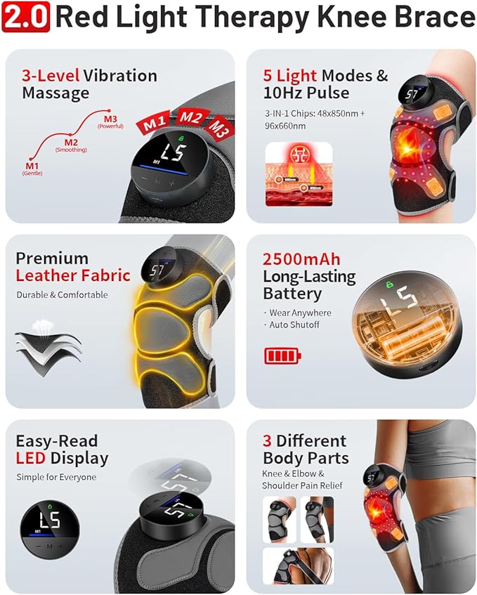 Upgraded PRO Red Light Therapy Knee Brace & 4 Vibration Massage - Wireless Rechargeable Controller, 660nm&850nm Red Light Therapy Heated Device for Knee/Elbow/Shoulder Pain-StrideForce Fitness