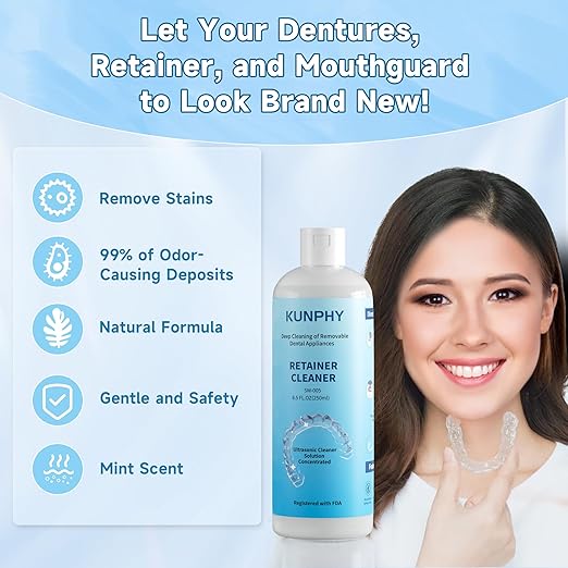 Ultrasonic Retainer Cleaner Solution for Ultrasonic Denture Cleaner-Professional Cleaning of Retainers, Invisible Aligners, Mouth Guards, Night Guards, Remove Odors, Discoloration & Stains 8.5oz