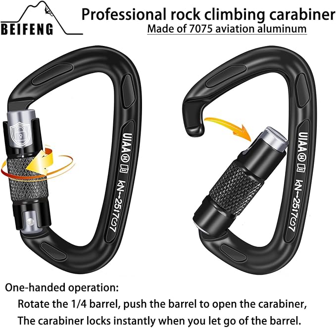 BEIFENG 25KN Auto Locking Carabiner - UIAA Certified Heavy Duty Climbing Carabiners for Rock Climbing, Camping, Rappelling, Hunting, Rescue Equipment - Professional Carabiner Clips (Black)-StrideForce Fitness