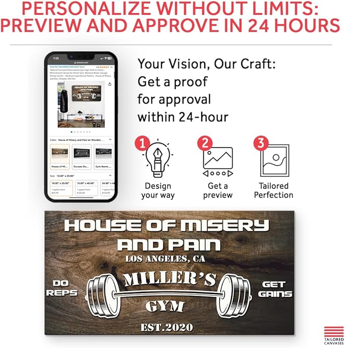 Tailored Canvases Personalized Gym Sign Wall Art Decor - Motivational Canvas for Home Gym, Workout Room, Garage, Fitness Center - Workout Inspirational Posters - House of Misery and Pain, Wooden 20x10in-StrideForce Fitness