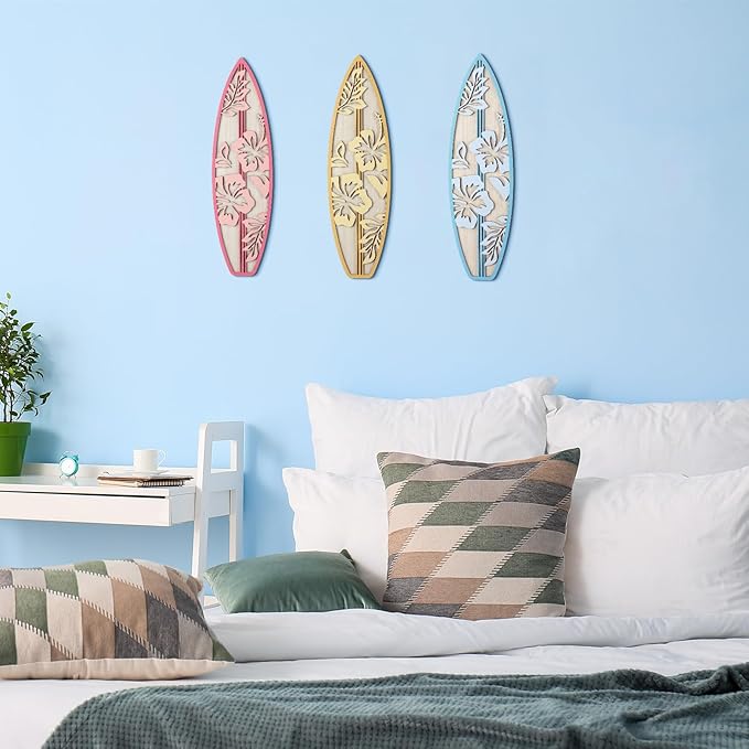 RattanView 3 Pieces Hibiscus Surfboard Decor for Bedroom Wooden Beach Wall Decor Summer Wood Surfboard Wall Hanging Sign for Tropical Living Room Decoration(Yellow, Blue, Pink)-StrideForce Fitness