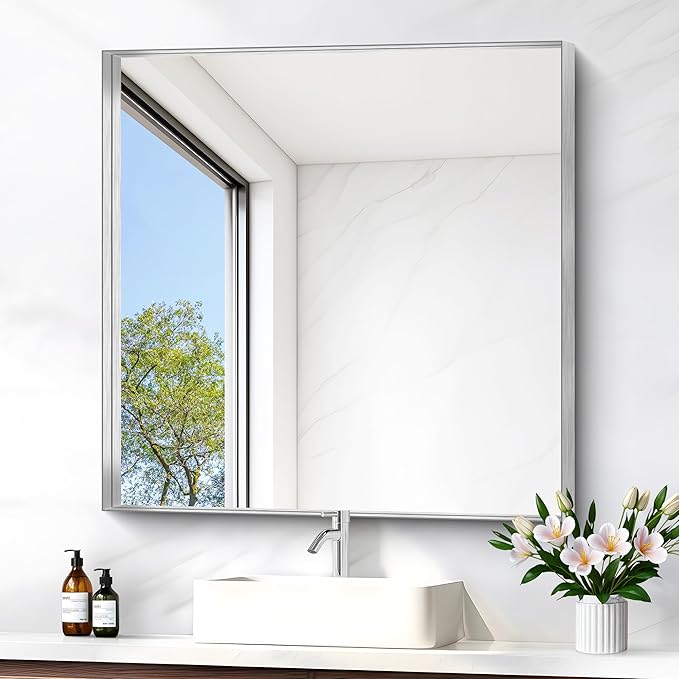 Silver Bathroom Mirror, 30x30 Inch Rectangular Framed Mirror, Large Wall Mounted Bathroom Vanity Mirror Over Sink for Bedroom,Restroom, Living Room, Hangs Vertically or Horizontally-StrideForce Fitness