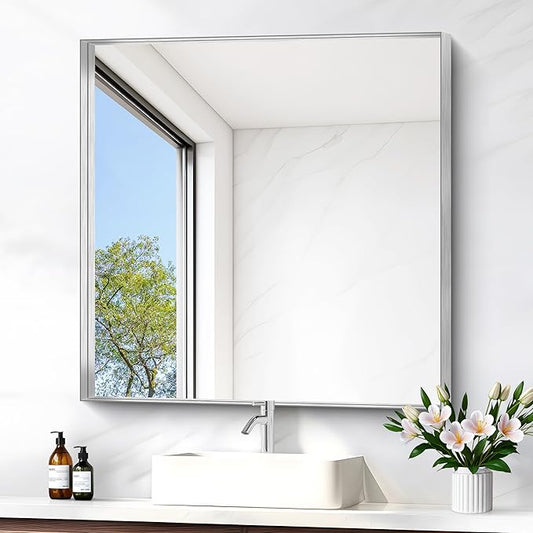 Silver Bathroom Mirror, 30x30 Inch Rectangular Framed Mirror, Large Wall Mounted Bathroom Vanity Mirror Over Sink for Bedroom,Restroom, Living Room, Hangs Vertically or Horizontally-StrideForce Fitness