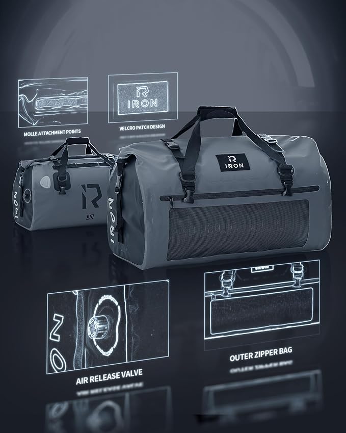 BORLENI Waterproof Motorcycle Dry Duffel Bag Luggage Tail Bag with Large Storage Space,Roll Top Closure, Shoulder Straps, Inner Pocket and Mesh Pocket for Motorcycling Travel Camping (Grey,30L)-StrideForce Fitness