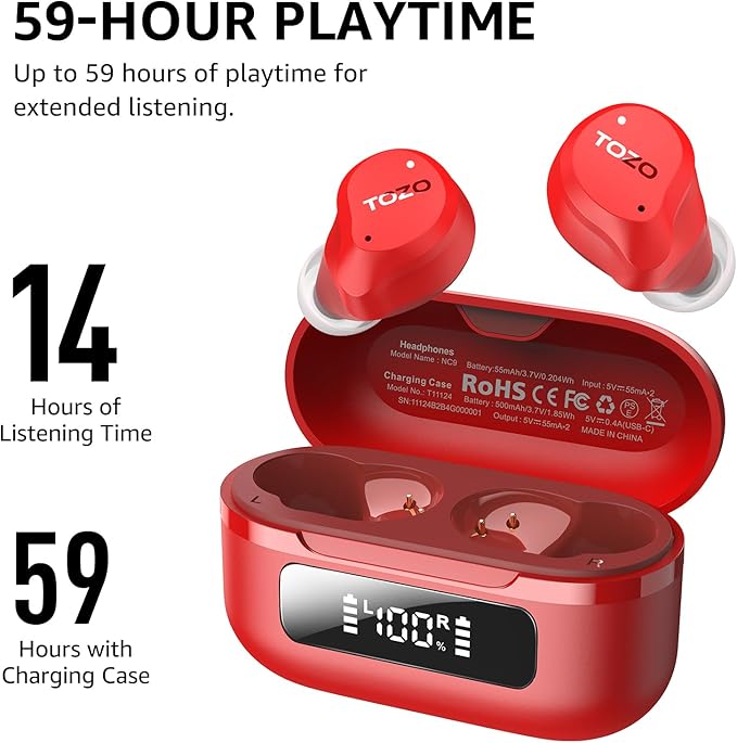 TOZO NC9 Hybrid Active Noise Cancelling Wireless Earbuds, 6 Mics ENC Clear Call, IPX8 Waterproof, in Ear Bluetooth 5.3 Headphones Stereo Bass Ear Buds 59H Playtime with LED Display 32 EQs via APP-StrideForce Fitness