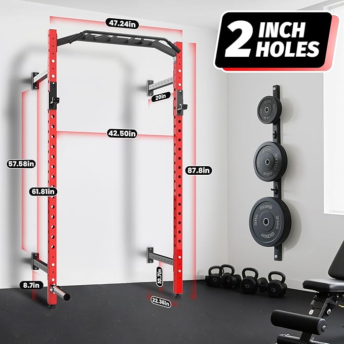 1600LB Wall Mounted Power Rack, Commercial Squat Rack for Home Gym with Multi-Grip Pull Up Bar, j-Cups & Landmine Attachment for Home and Garage Gym-StrideForce Fitness