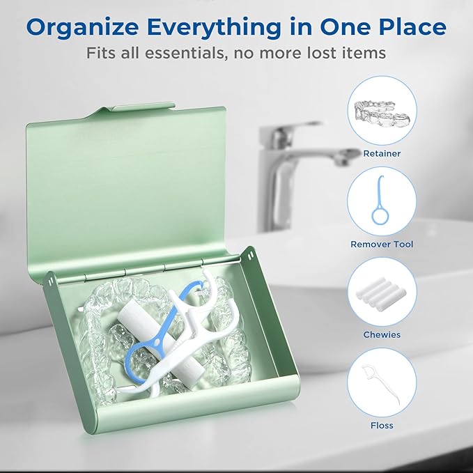 Aluminum Retainer Case for Invisalign Aligners, Partial Mouth Guard Case Denture Retainer Container Case Holder with Vent Holes, Slim Orthodontic Aligner Case for Traveling-1 Pack Green