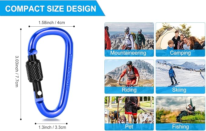 10 Pack Aluminum D Ring Key Rings Hiking Clips Locking Carabiner for Hiking Camping Fishing and Outdoor Use，Clips with Screw Gate Multicolored-StrideForce Fitness
