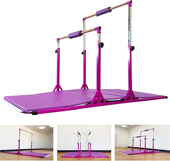 Gymnastics Double Horizontal Bars 3Play Parallel Bars Uneven Bars Gymnastics Training Kip Bar with 304 Stainless Steel Regulating Arms & Fiberglass Rail for Indoor Outdoor Home Club Use-StrideForce Fitness