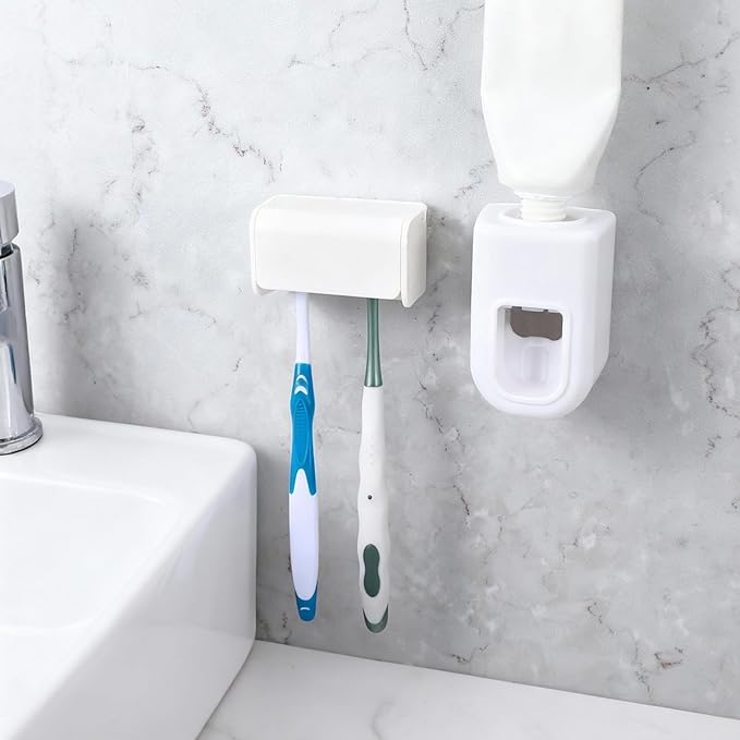 2 Slots Wall Mount Toothbrush Holder with Cover, Self Adhesive Toothbrush Storage Organizer for Shower Waterproof and Dustproof, with Automatic Toothpaste Squeezer Dispenser for Family & Travel