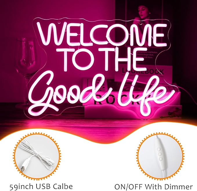 Welcome To The Good Life Neon Sign Letter LED Neon Lights Dimmable USB Powered 16.5’’X11’’Cool Wall Decorative Light Bedroom Kids Room Birthday Party Bar Decoration Gifts for Friend（Pink）-StrideForce Fitness