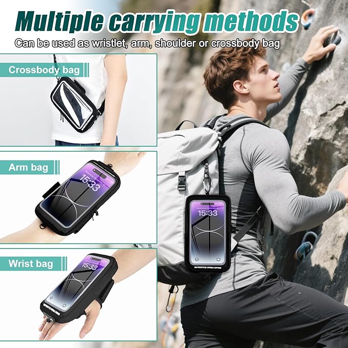 Phone Holder for Running, Running Armband Phone Holder with Carabiner, Phone Armbands for iPhone 16 15 14 13 12 11Pro Max & Galaxy S25/S24/S23, Cell Phone Armband Up to 6.8'' Phone (Black)-StrideForce Fitness