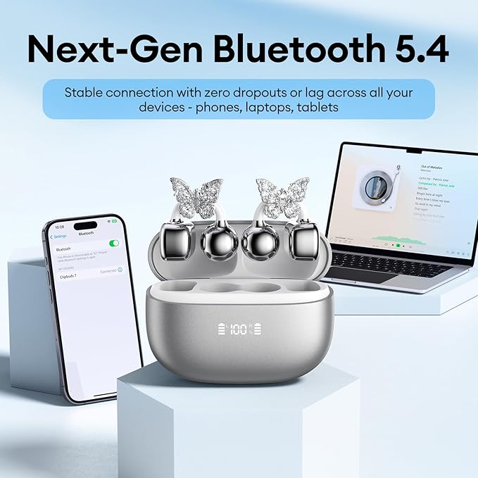 PAXA Bling Open Ear Clip On Earbuds with LED Display & Crystal Butterfly Earrings, Comfort Bluetooth 5.4 Wireless Ear Buds 50H Playtime for Women Girl Work, Fitness, Daily Wear, Gift, Silver-StrideForce Fitness