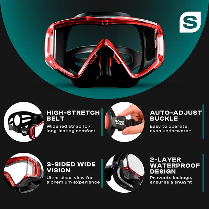 Pano 3 Scuba Diving Mask, Tempered Glass Snorkel Mask Three-Window Scuba Mask No-Leak Dive Mask Silicone Skirt Diving Mask for Snorkeling and Scuba Use-StrideForce Fitness