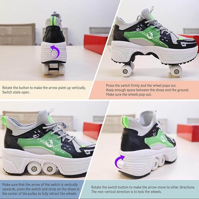 Roller Skate Shoes for Women Four Rounds Children's Roller Skates Shoes That Turn into Rollerskates Sneakers Outdoor Light Shoes with Wheels for Girls/Boys-StrideForce Fitness