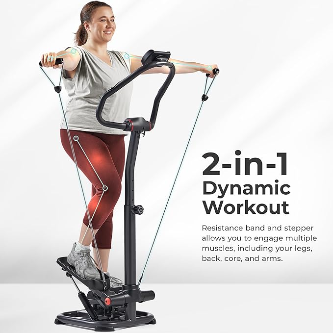 Sunny Health & Fitness 2-in-1 Premium Power Stepper with Resistance Bands, Low-Impact Cardio, Space-Saving, Height-Adjustable, with Enhanced Bluetooth Connectivity with Free SunnyFit App-StrideForce Fitness