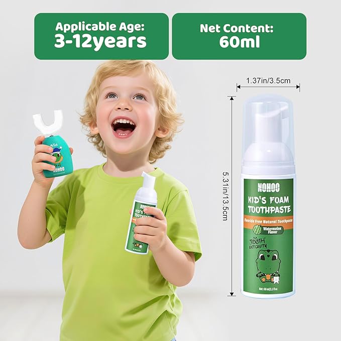 NOHOO Fluoride Free Foam Toothpaste Kids Fruit Flavour,Natural Training Toothpaste for Baby Toddler Children Oral Cleaning and Cavity Protection Strawberry Orange Peach Watermelon