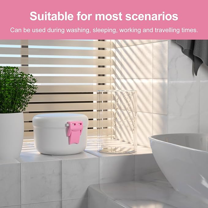 BVN Leak-Proof Denture Bath Cup for Travel, Denture Cup for Soak Dentures, Retainer Cleaning Case with Strainer (White + Pink)