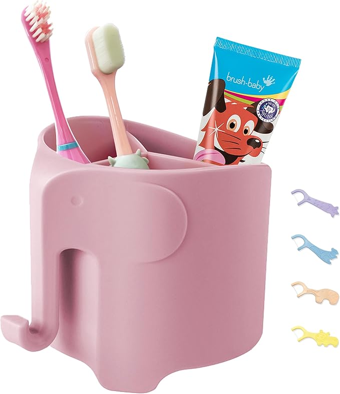 Kids Toothbrush Holder, Cute Elephant Toothbrush Holders for Toddler, Toothbrush Toothpaste Holder for Bathroom, Toothbrush Organizer with 3 Slots and a Hook, Pink