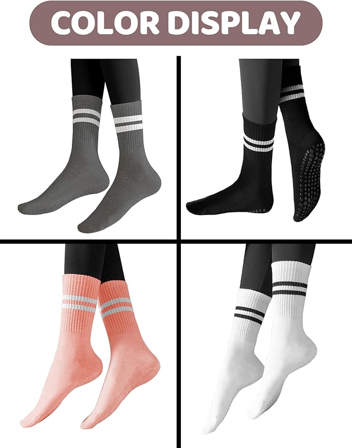 AURUZA 6 Pairs Pilates Grippy Socks with Grips for Women Non Slip Skid Yoga Socks Crew Length for Ballet Home Workout
