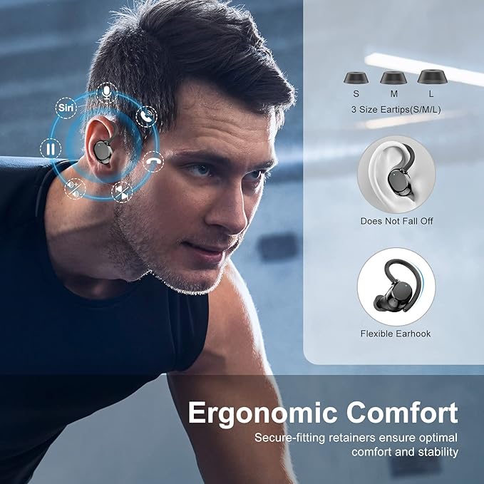 Wireless Earbuds, HiFi Stereo Sport Bluetooth 5.3 in-Ear Headphones with Earhooks, 48H Deep Bass, LED Display, Noise Cancelling, IP7 Waterproof Earphones Built-in Microphone for Running-StrideForce Fitness