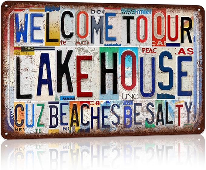 Vintage Lake House Wall Decor Metal Sign Tin Signs Poster - Welcome To Our Lake House Cuz Beaches Be Salty-StrideForce Fitness