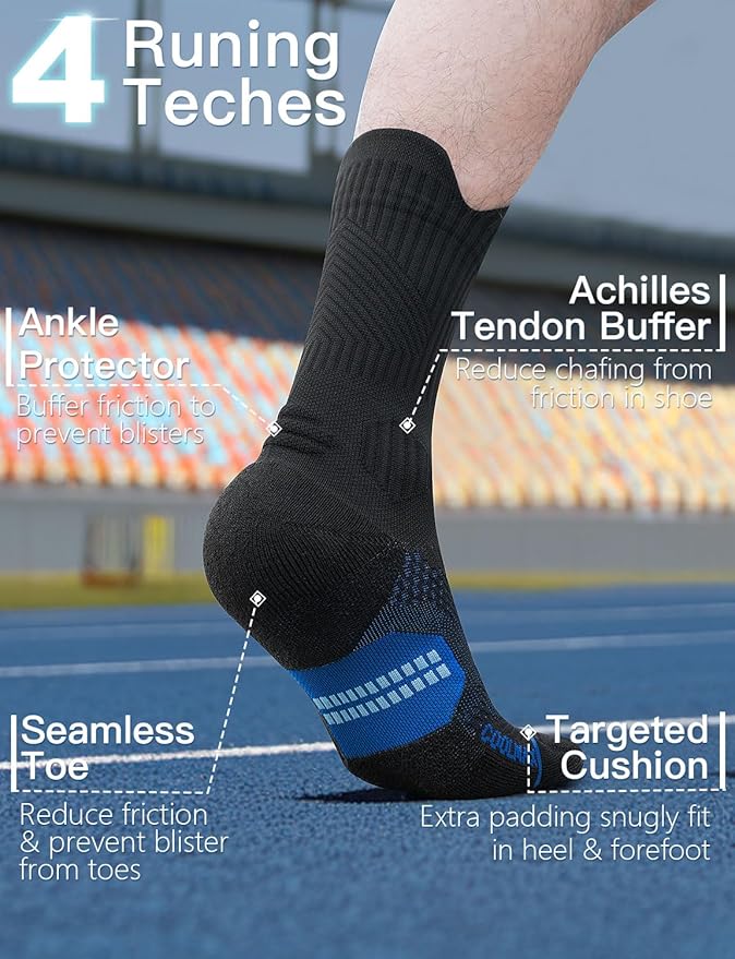 Mens Bamboo Viscose Coolmax Crew Compression Running Socks Athletic Hiking Workout Moisture Wicking Anti-Blister