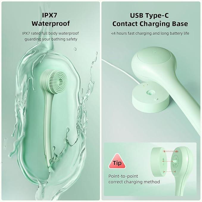 Electric Body Brush Back Scrubber for Shower, Waterproof Long Dual Handle Power Body Scrubber with 3 Heads, Rechargeable Bath Brush & 2 Speeds, for Cleansing, Exfoliating and Massaging Skin-StrideForce Fitness