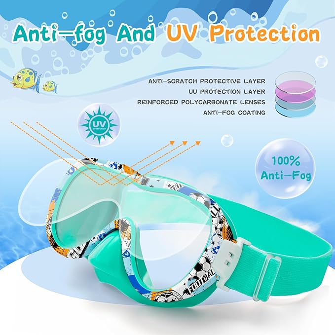 Kids Swim Goggles with Nose Cover, 180° Panoramic Snorkel Mask with Anti-Fog & Anti-Leak Design, Comfort Fabric Strap UV Protection Lens for Boys Girls Ages 3-15-StrideForce Fitness