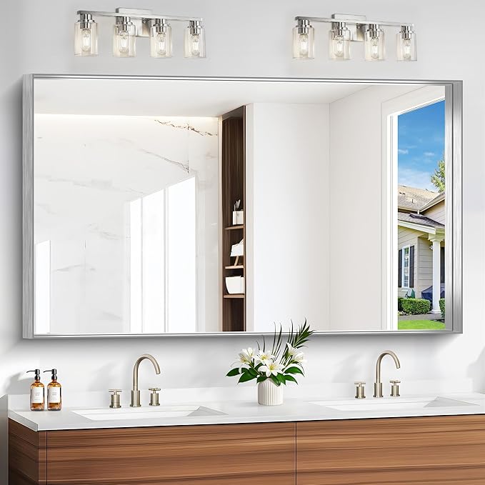 Silver Bathroom Mirror, 36x60 Inch Rectangular Deep Frame Mirror, Large Wall Mounted Bathroom Vanity Mirror Over Sink for Bedroom,Restroom, Living Room, Hangs Vertically or Horizontally-StrideForce Fitness